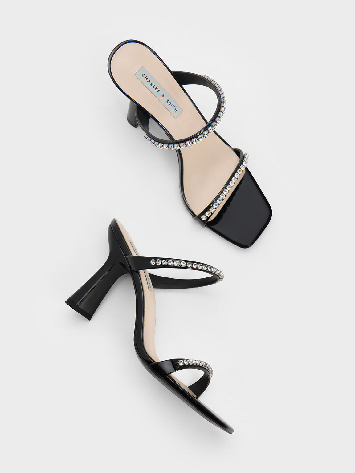 Black Patent Gem-Encrusted Heeled Sandals - CHARLES & KEITH BD