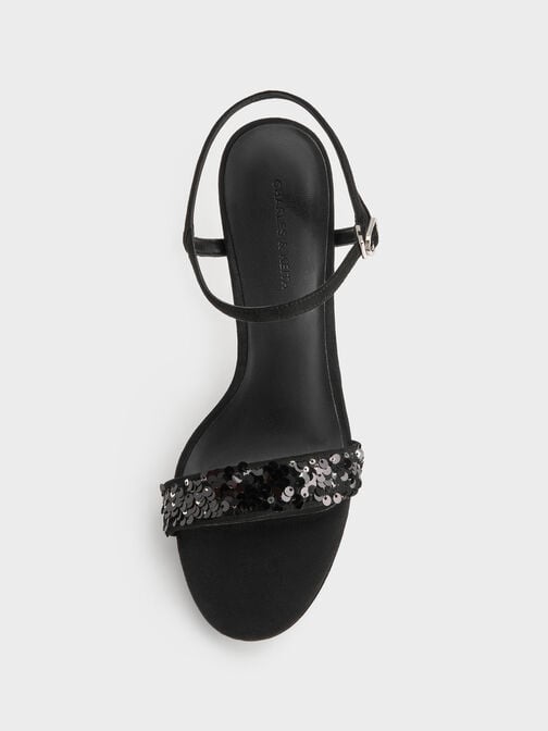 Sequinned Ankle-Strap Stiletto Sandals, Black Textured, hi-res