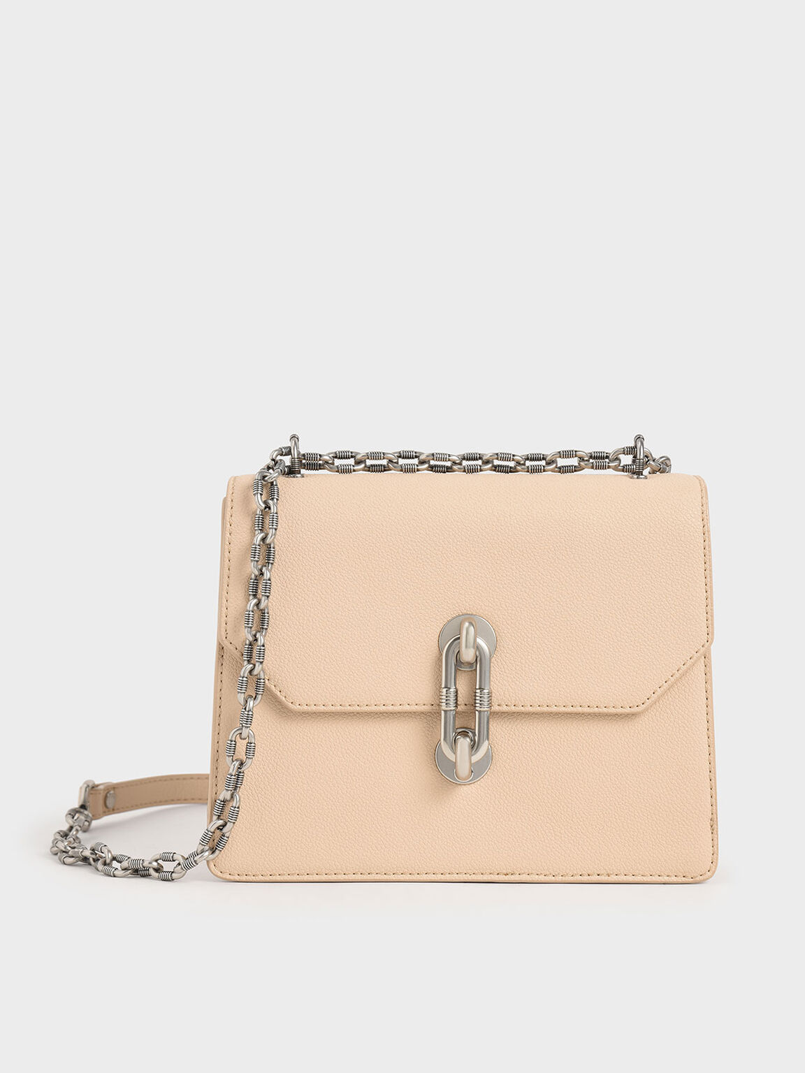Double Chain Strap Turn-Lock Bag, Nude, hi-res