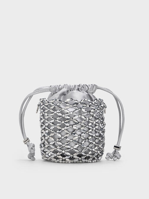 Beaded Chain-Handle Bucket Bag, Silver, hi-res