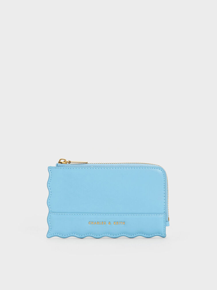 Wavy Trim Zip Wallet, Light Blue, hi-res