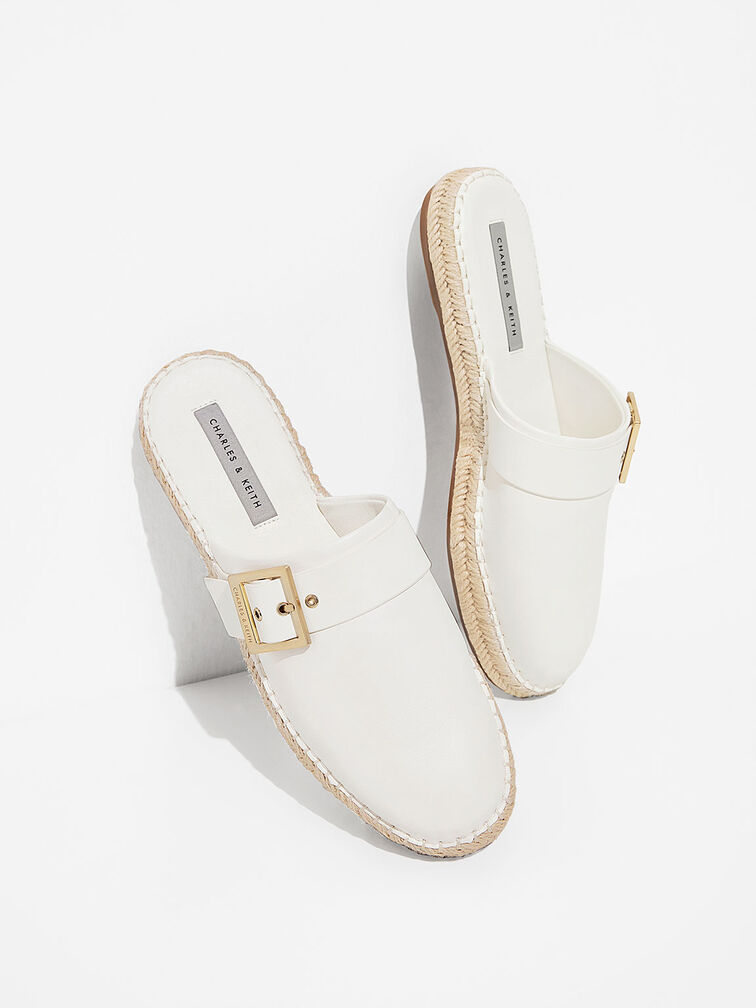 Buckled Espadrille Mules, White, hi-res