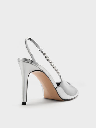 Zapatos de tacón con tira trasera metálica y tira de gemas, Plateado, hi-res