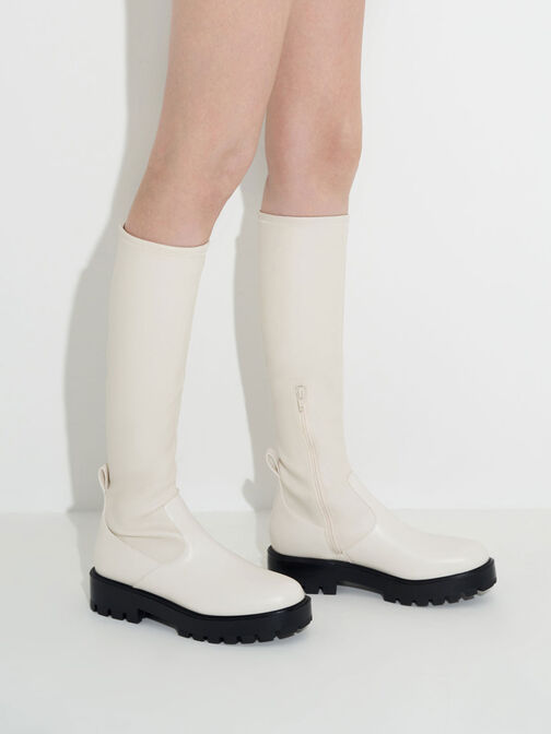 Pull-Tab Chunky Knee-High Boots, Chalk, hi-res