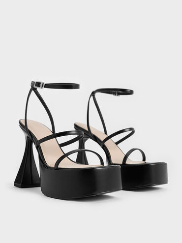 Sandalias de tiras con tacón escultural de plataforma, Negro, hi-res