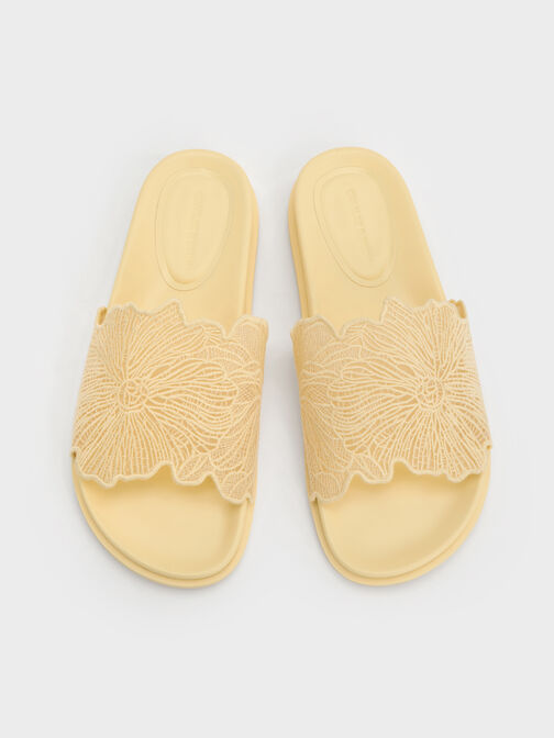 Crochet Floral Slide Sandals, Yellow, hi-res