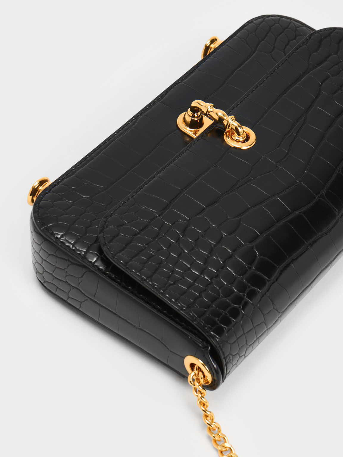 Meriah Croc-Embossed Clutch, Black, hi-res