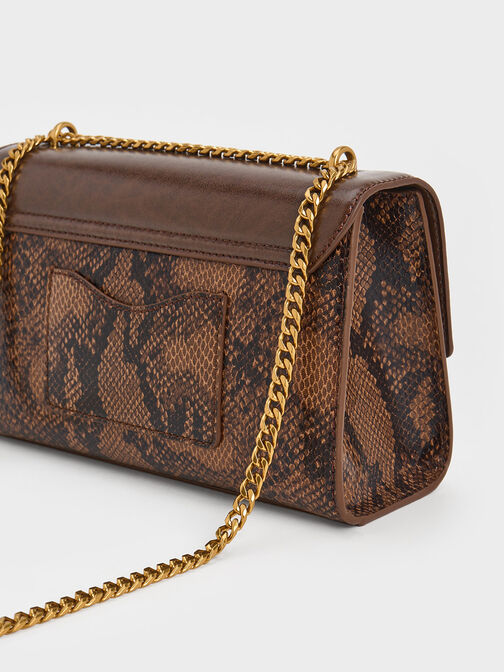 Snake Print Chain-Strap Bag, Brown, hi-res