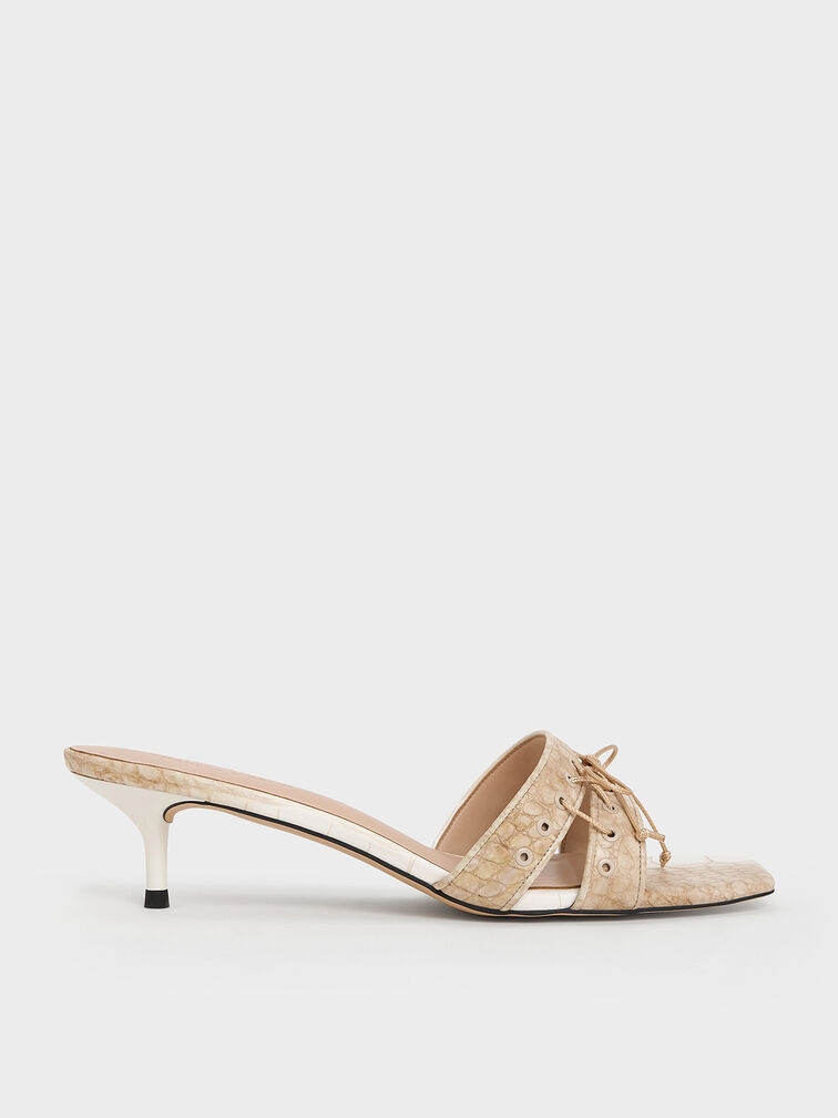 Croc-Effect Lace-Up Double-Strap Kitten-Heel Mules, Chalk, hi-res