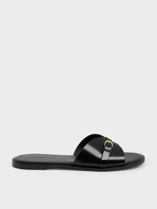 Buckled-Strap Slide Sandals, Black Box, hi-res