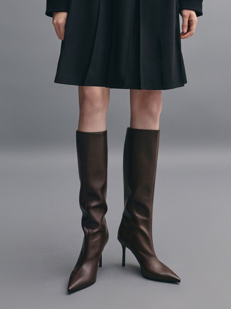 Pointed-Toe Stiletto-Heel Knee-High Boots, Dark Brown, hi-res