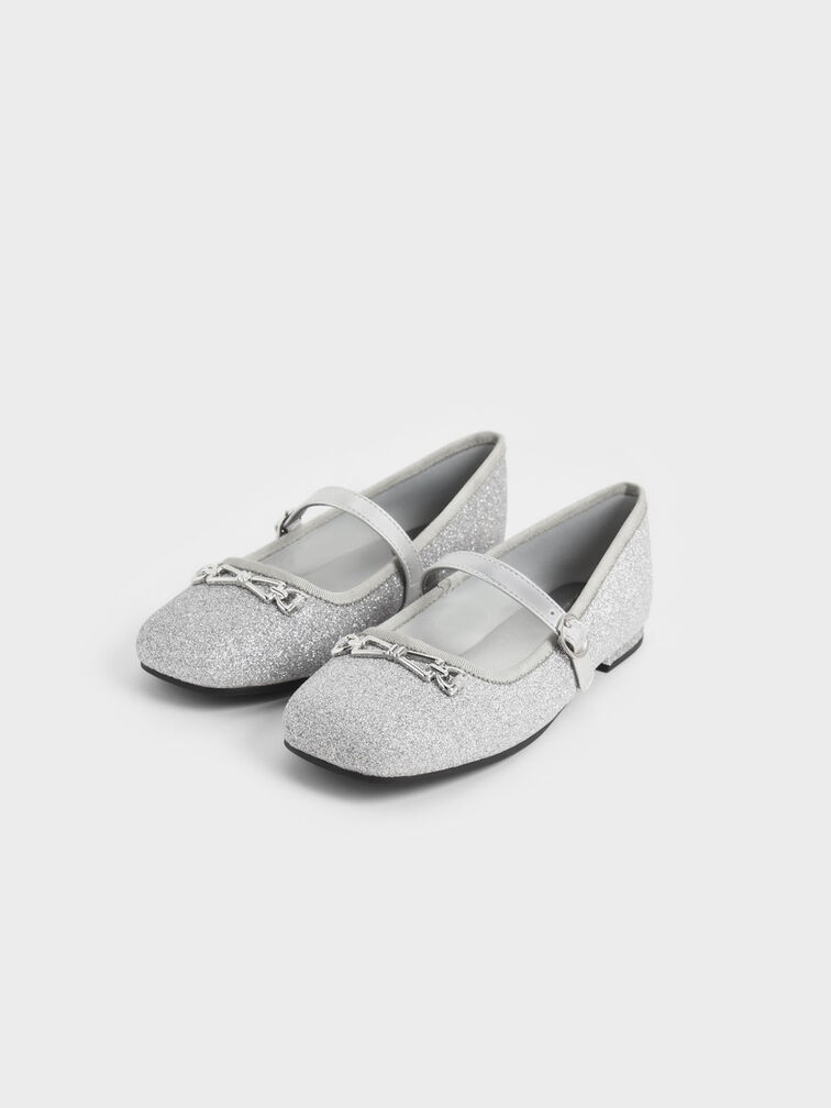 Girls' Metallic Accent Glittered Mary Janes, Silver, hi-res