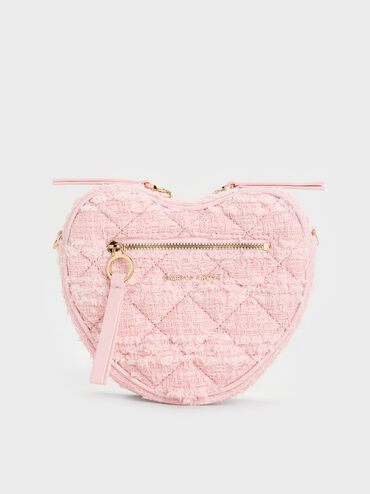 Philomena Tweed Bow Quilted Heart Crossbody Bag, Pink, hi-res