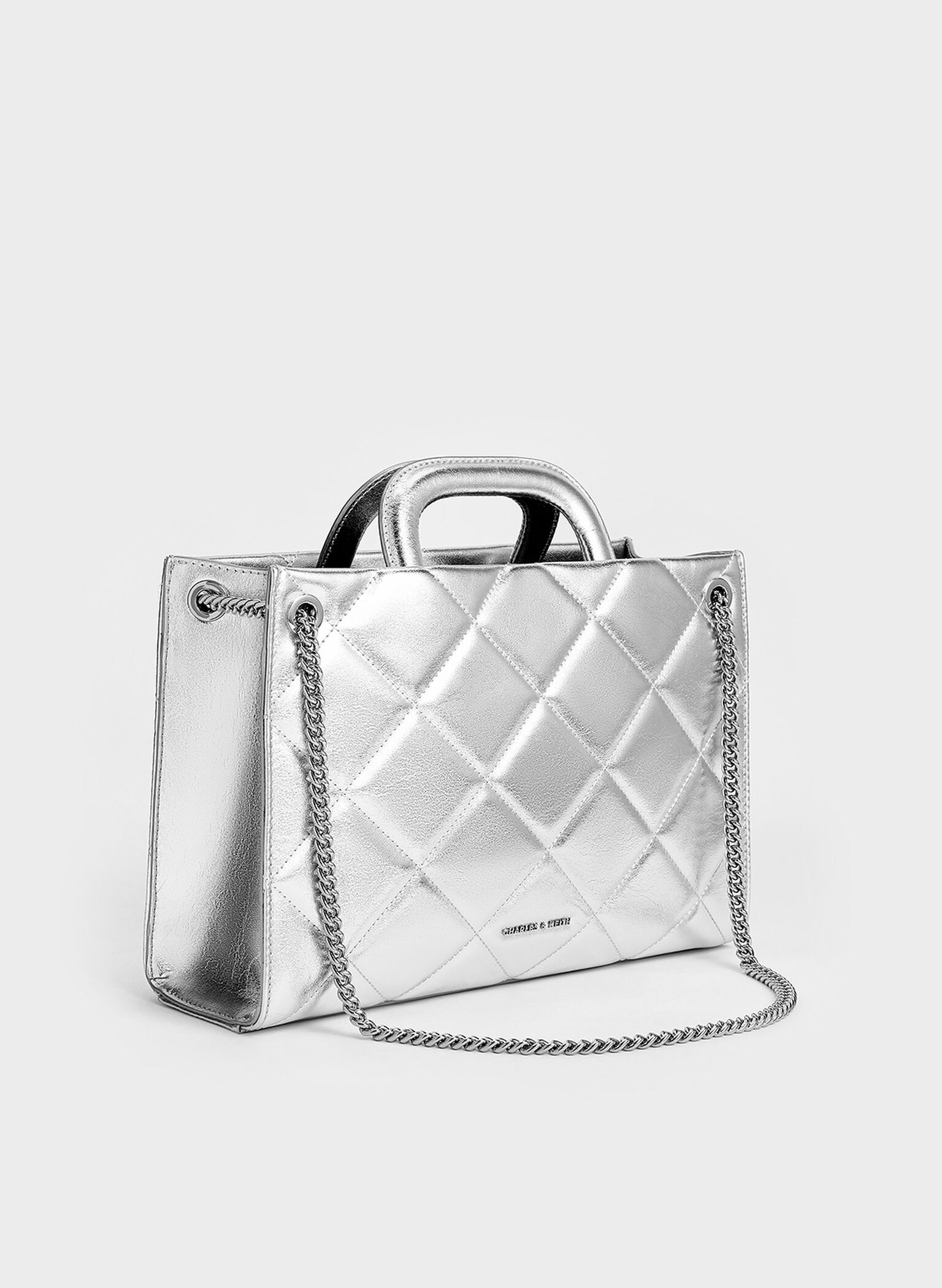Apfra Metallic Quilted Chain-Handle Bag, Silver, hi-res