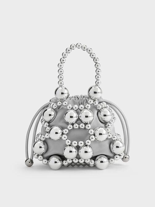 Metallic Beaded Top Handle Bag, Silver, hi-res