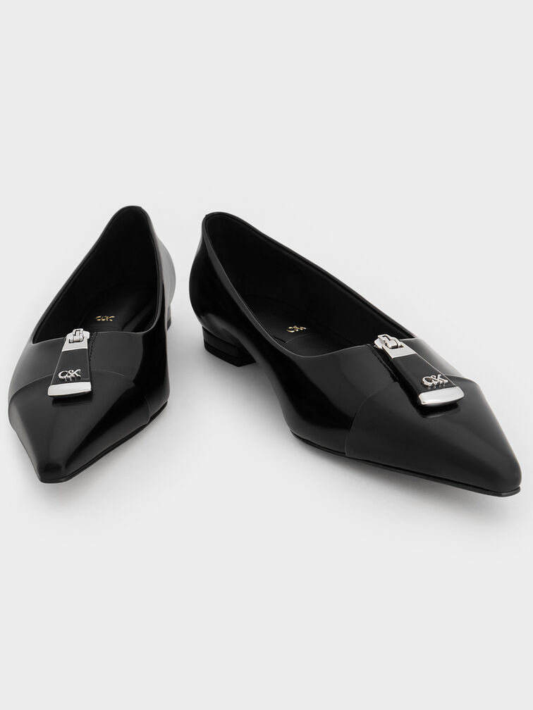 Nina Leather Pointed Cap-Toe Flats, Black Box, hi-res