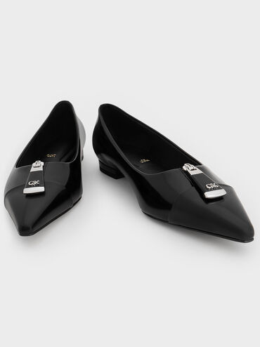 Nina Leather Pointed Cap-Toe Flats, Black Box, hi-res