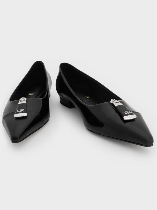 Nina Leather Pointed Cap-Toe Flats, Black Box, hi-res