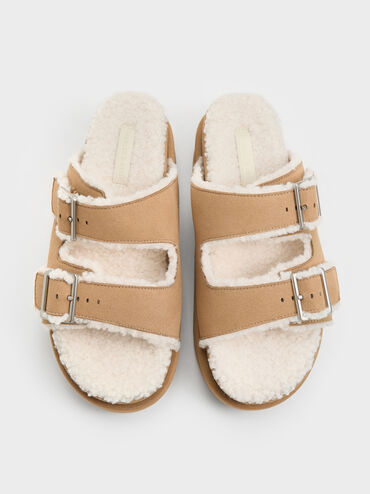 Textured Faux-Shearling Platform Sandals, Beige, hi-res