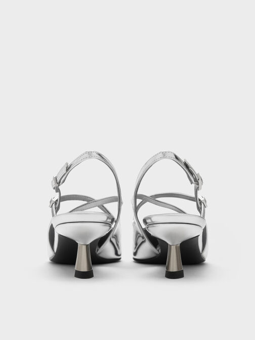 Pauline Metallic Crossover Slingback Kitten Heels, Silver, hi-res