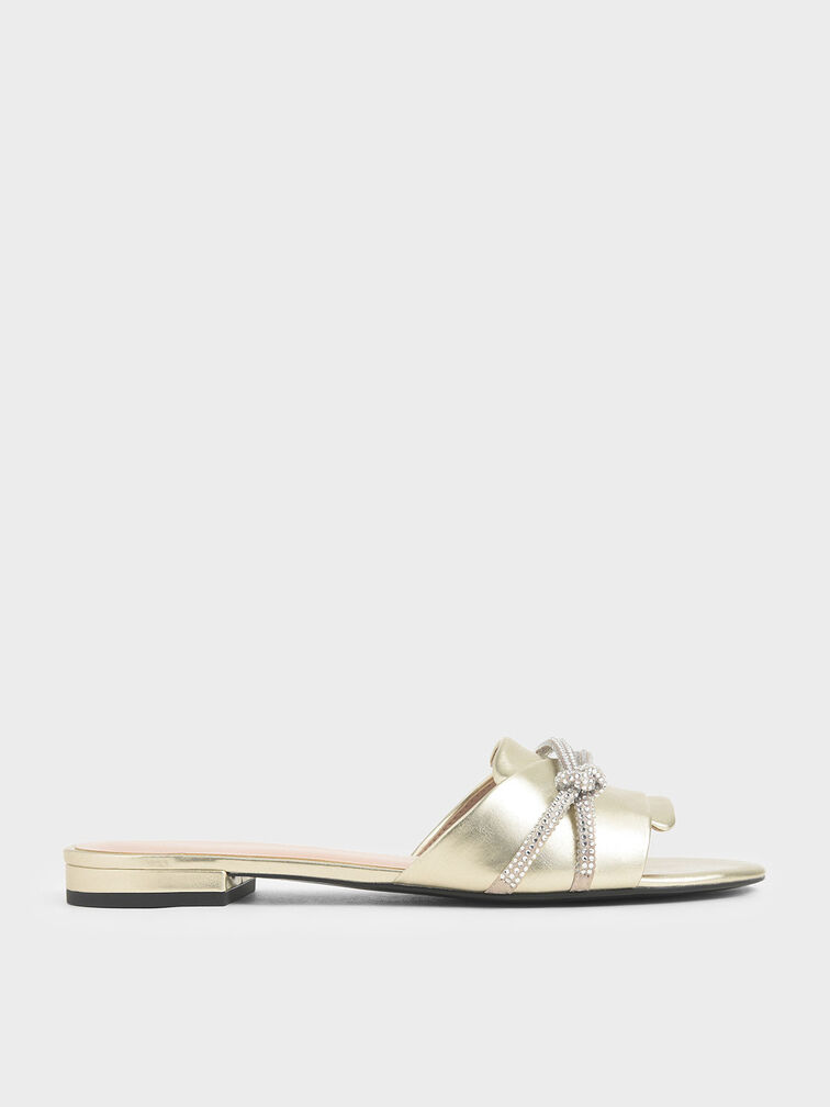 Embellished Strap Metallic Slide Sandals, Gold, hi-res