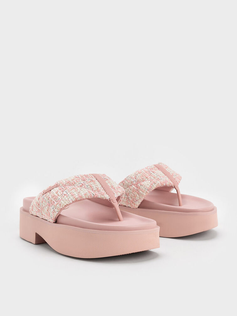 Tweed V-Strap Platform Thong Sandals, Light Pink, hi-res