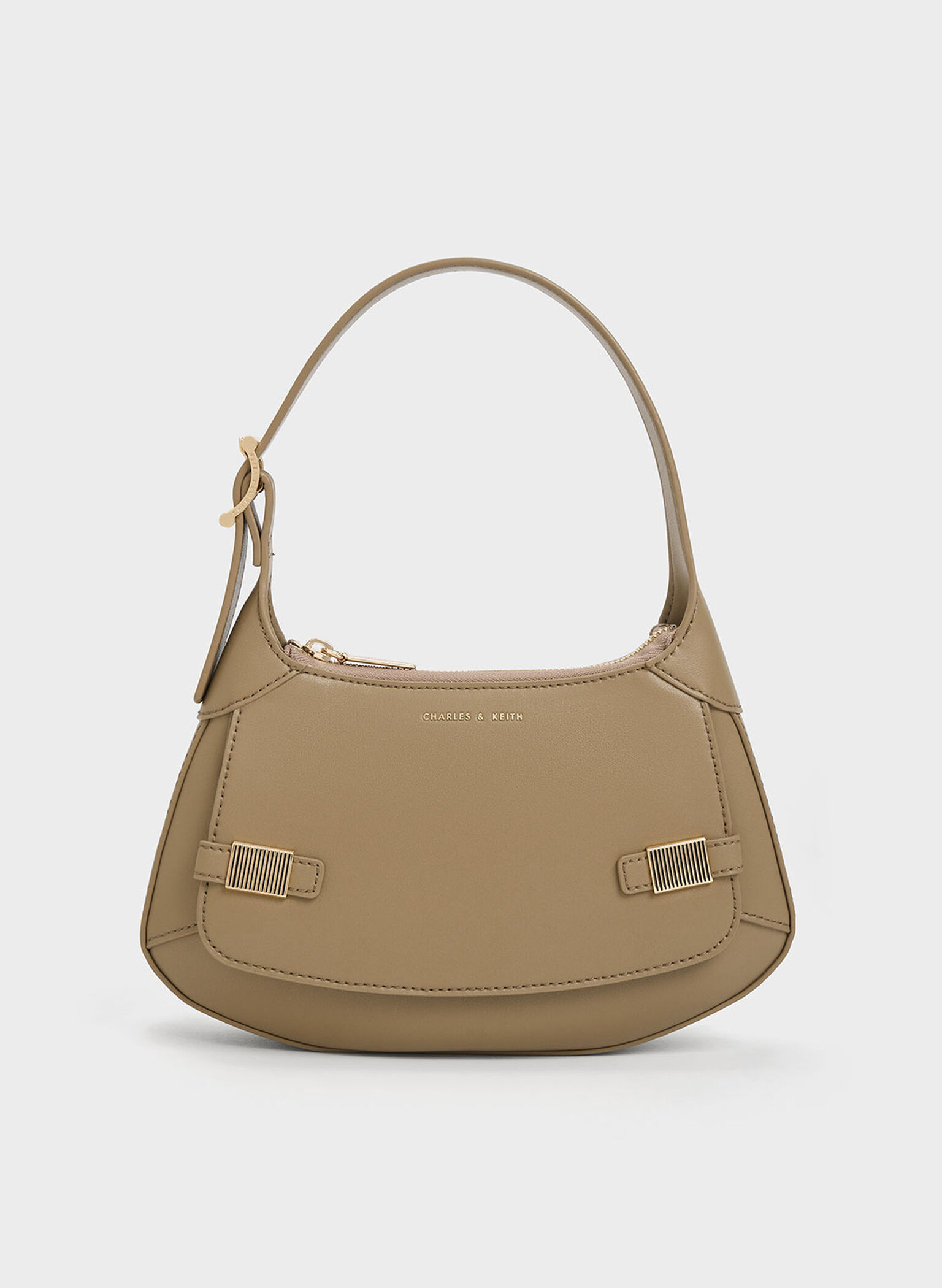 Metallic-Accent Curved Shoulder Bag, Taupe, hi-res