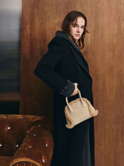 Nelly Recycled Suede & Faux Shearling Bowling Bag, Nutmeg Beige, hi-res