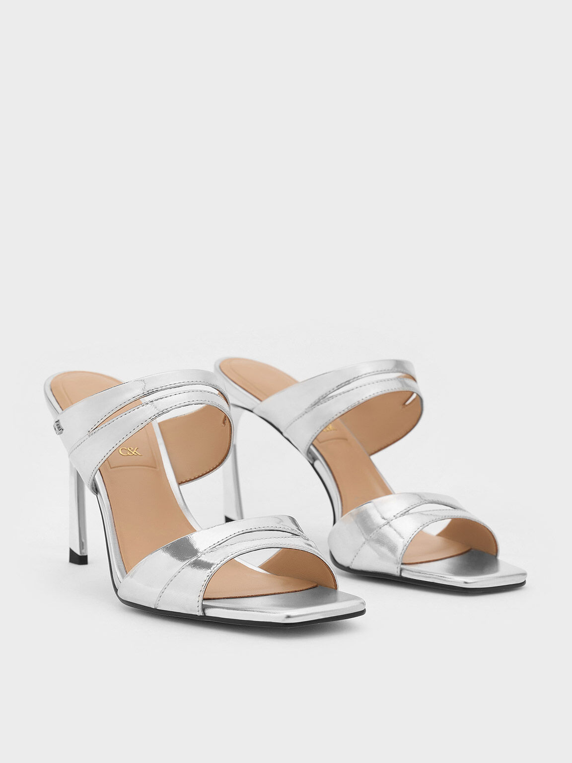 Metallic Leather Double Strap Heeled Mules Silver