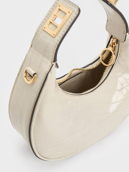 Mini Croc-Effect Moon Bag, Ivory, hi-res