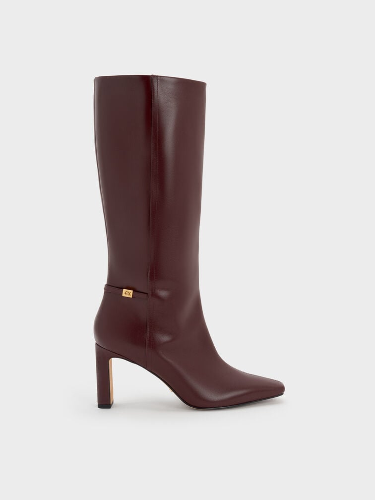 Georgina Leather Tapered Square-Toe Blade-Heel Knee-High Boots, Burgundy, hi-res