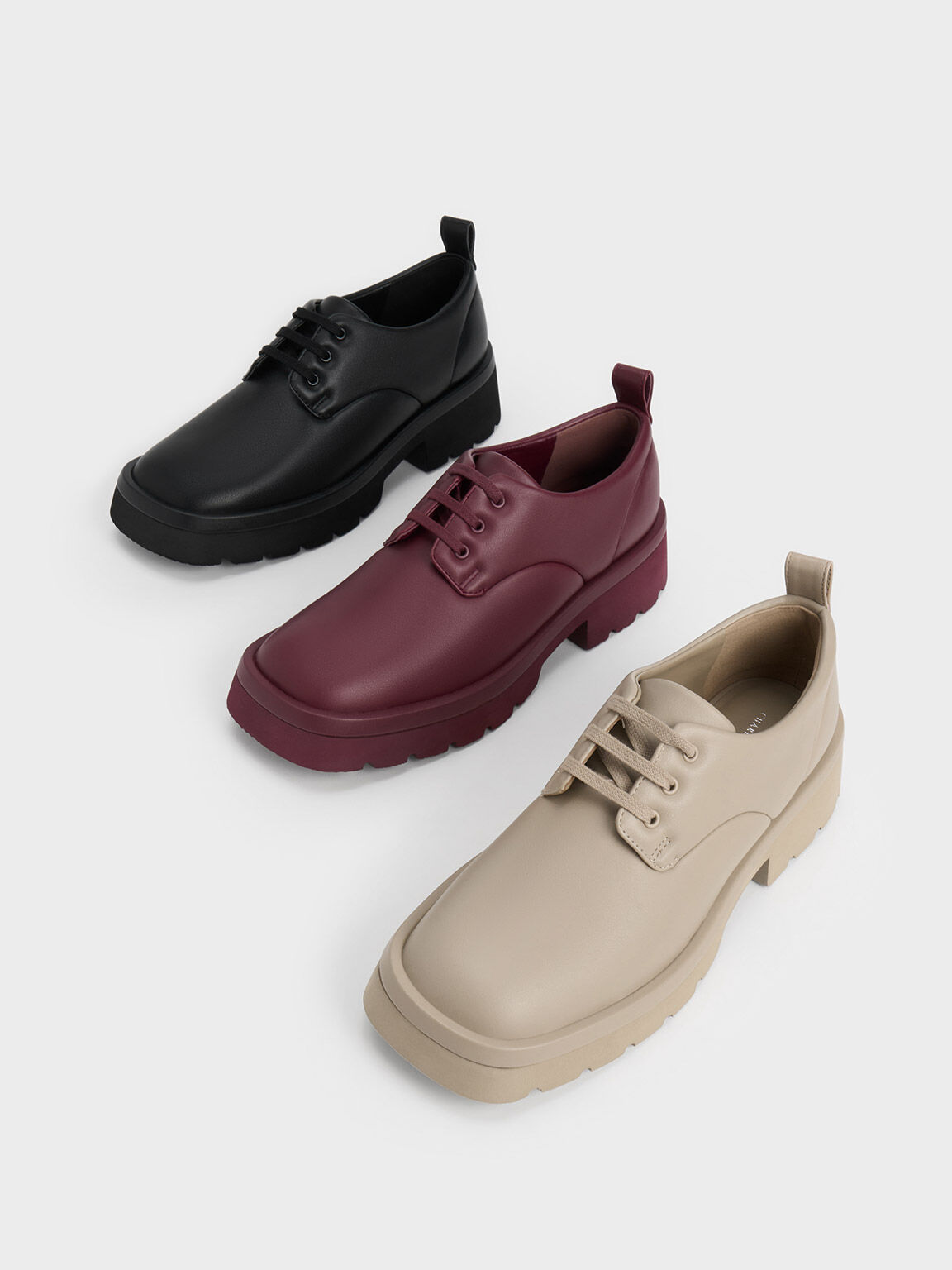 Ridged Sole Lace-Up Oxfords, Maroon, hi-res