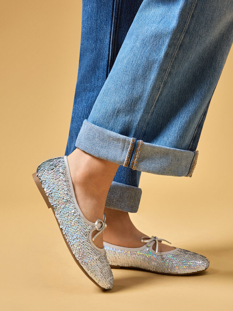 Girls' Sequin Metallic Bow Ballet Flats, Silver, hi-res