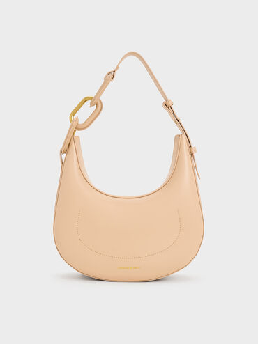 Bolso media luna Kora con detalles metálicos, Beige, hi-res