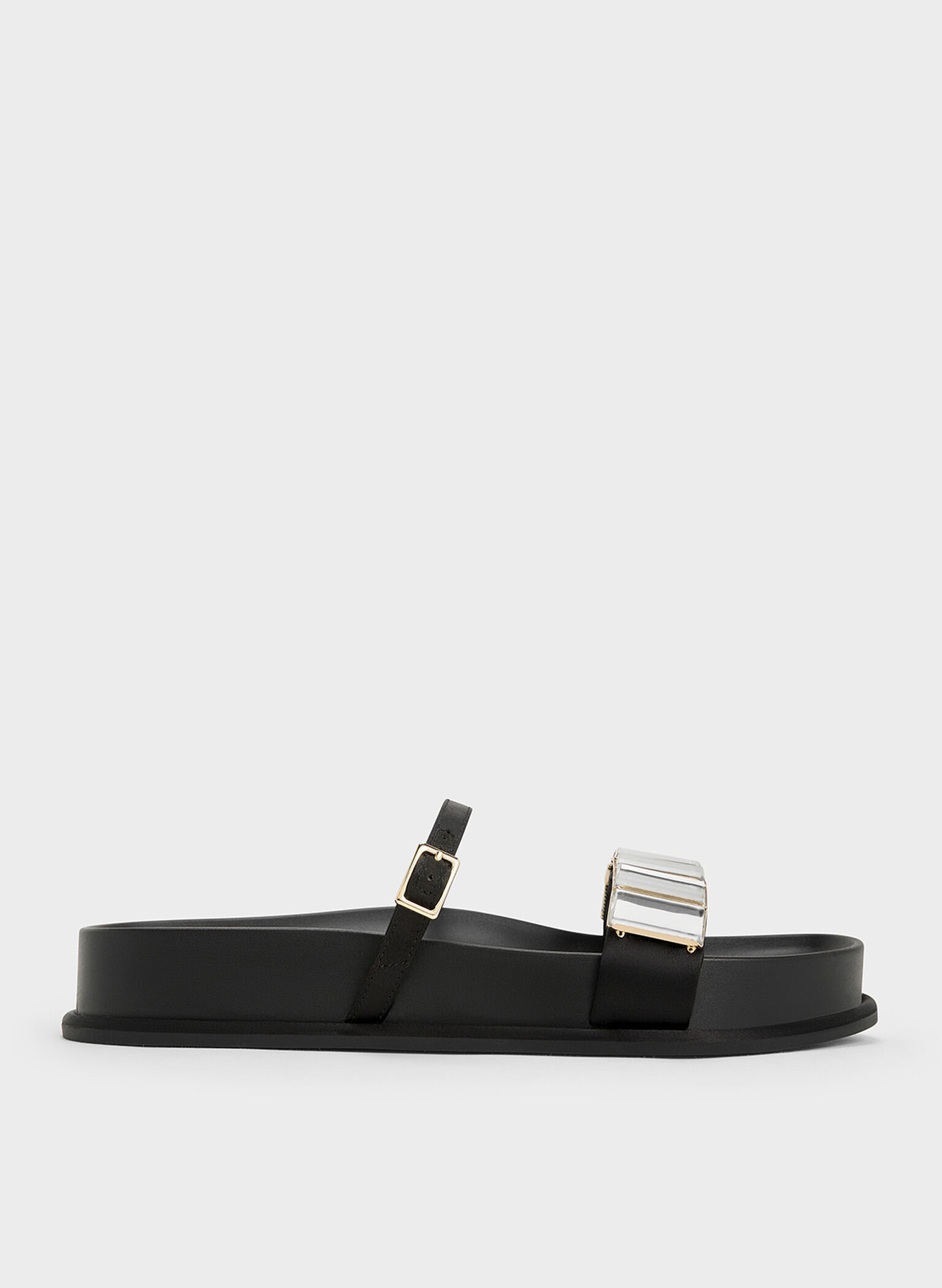 Sandalias de raso con doble tira y adornos de cristal, Negro texturizado, hi-res