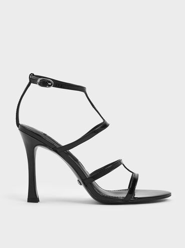 Patent Leather Strappy Stiletto Heel Sandals, Black, hi-res
