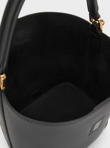 Gabine Leather Belted Top-Handle Bucket Bag, Black, hi-res