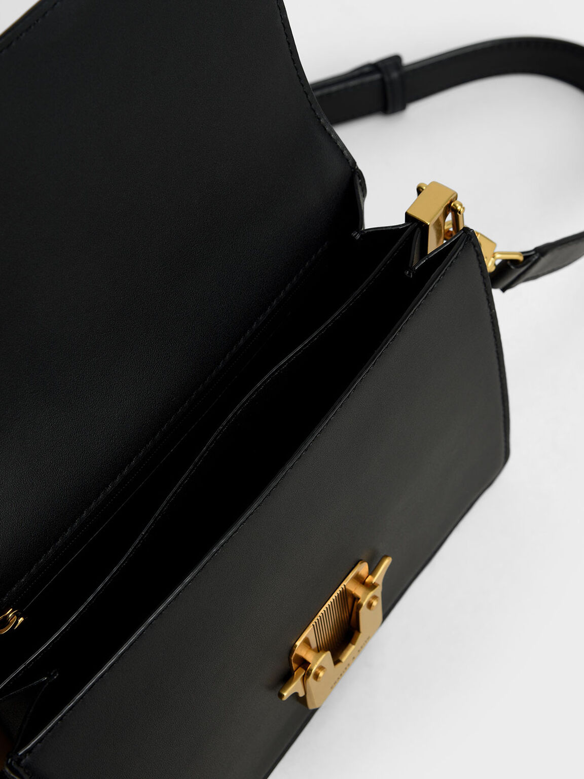 Metallic Push-Lock Shoulder Bag, Black, hi-res