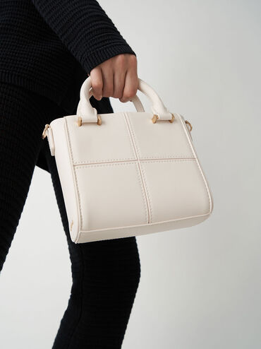 Textured Panelled Top Handle Bag, Cream, hi-res