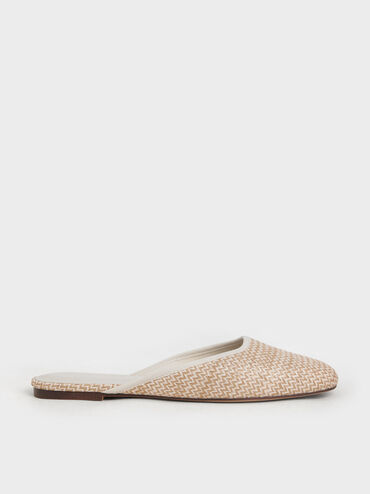 Square-Toe Flat Mules, Beige, hi-res