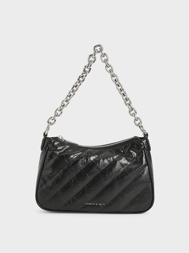 Panelled Chain Handle Crossbody Bag, Black, hi-res