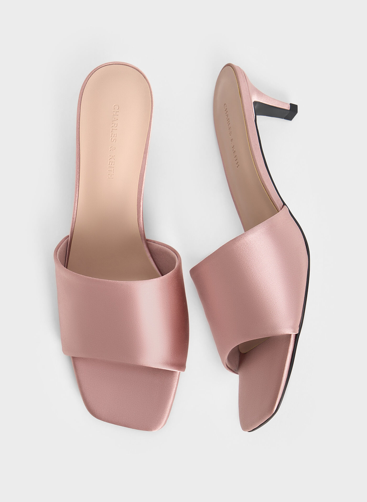 Satin Square-Toe Kitten-Heel Mules, Nude, hi-res