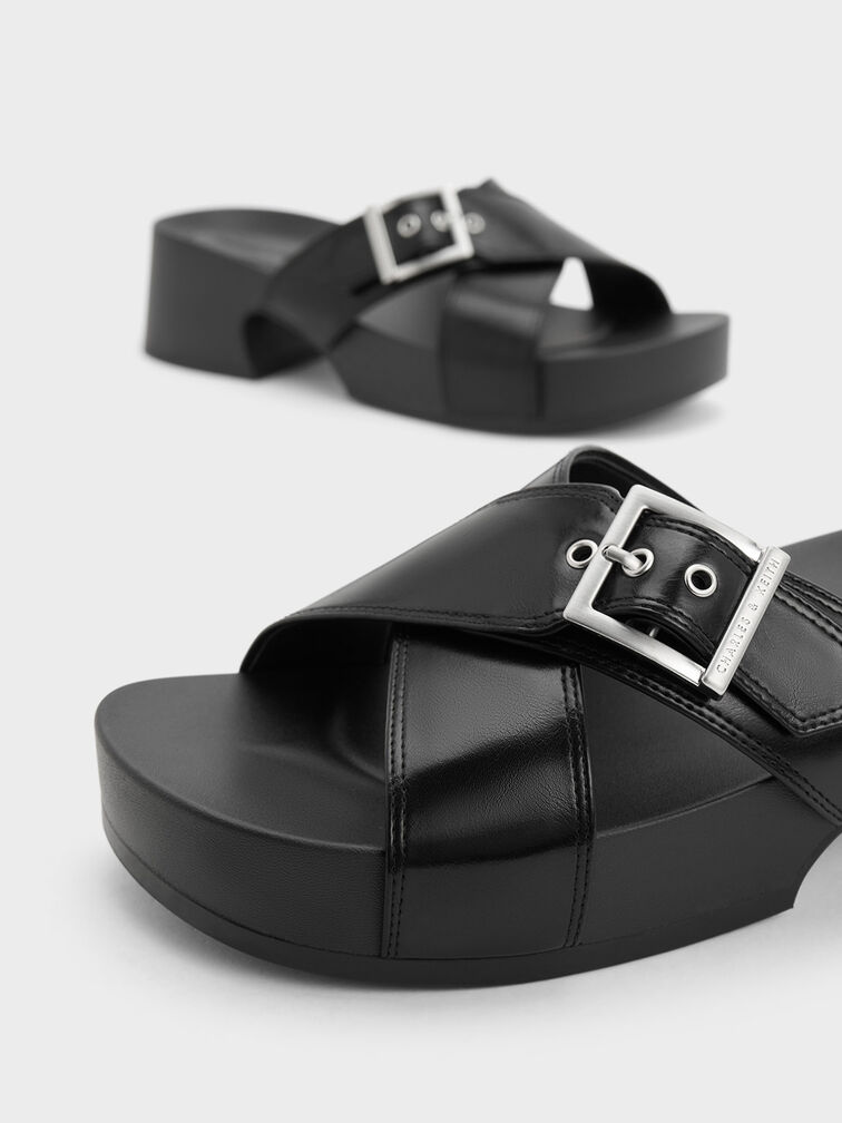 Buckled Crossover Platform Sandals, Black, hi-res