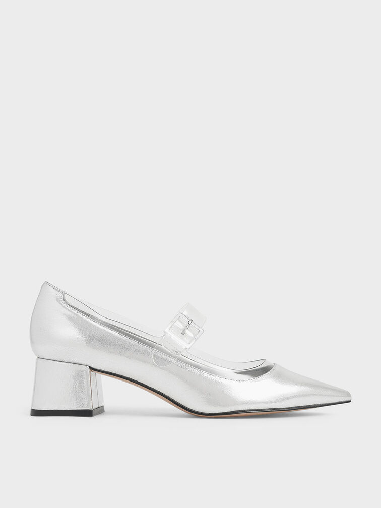 Clear Mary Jane Strap Metallic Pumps, Silver, hi-res
