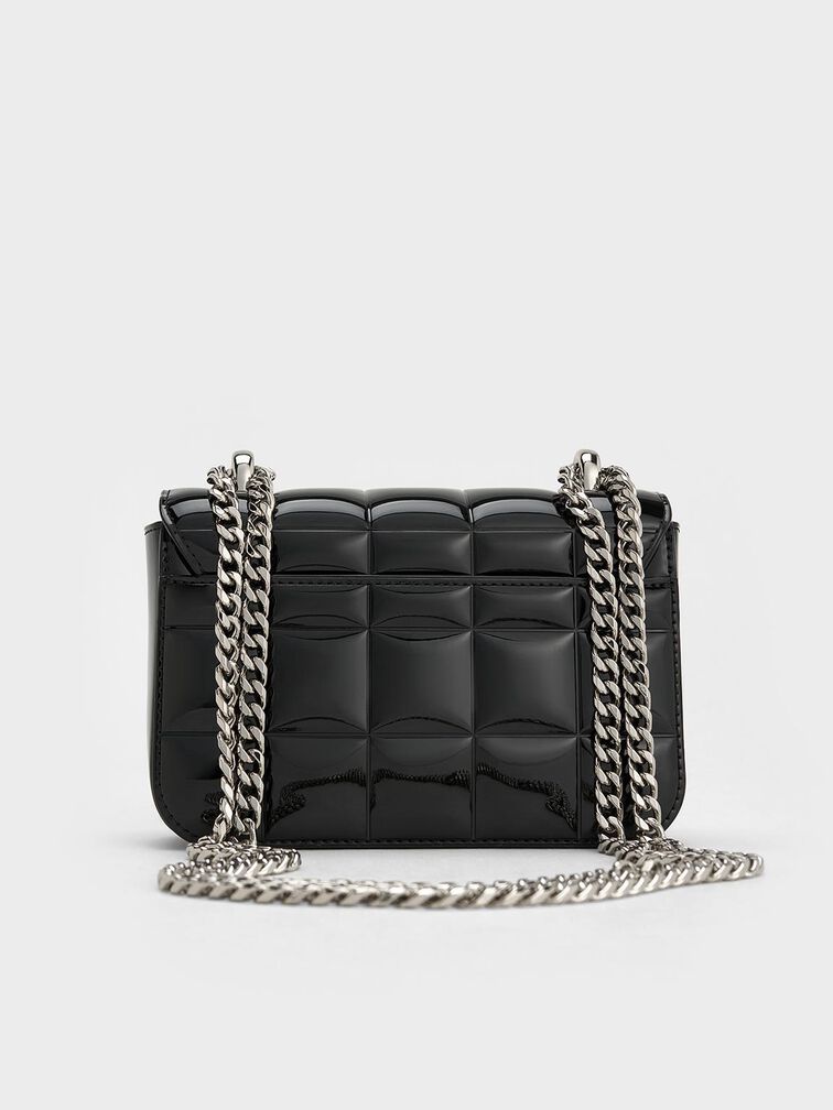 Patent Square-Quilted Chain-Handle Bag, Noir, hi-res