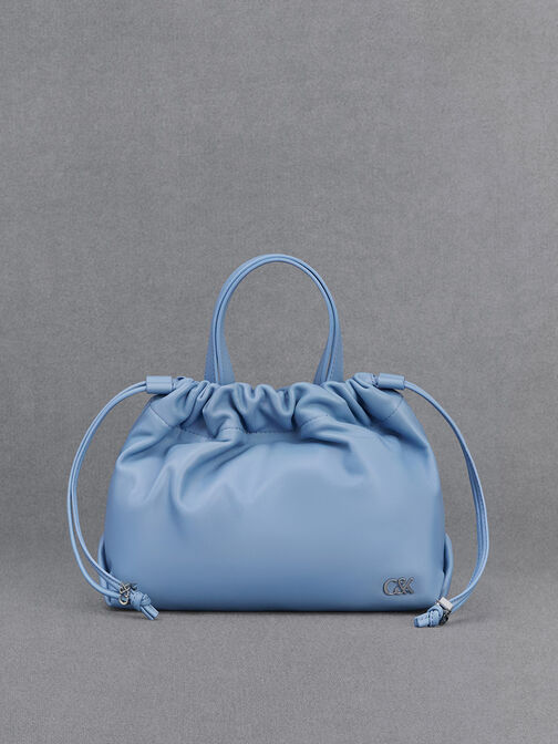 Leather Ruched Drawstring Bag, Light Blue, hi-res