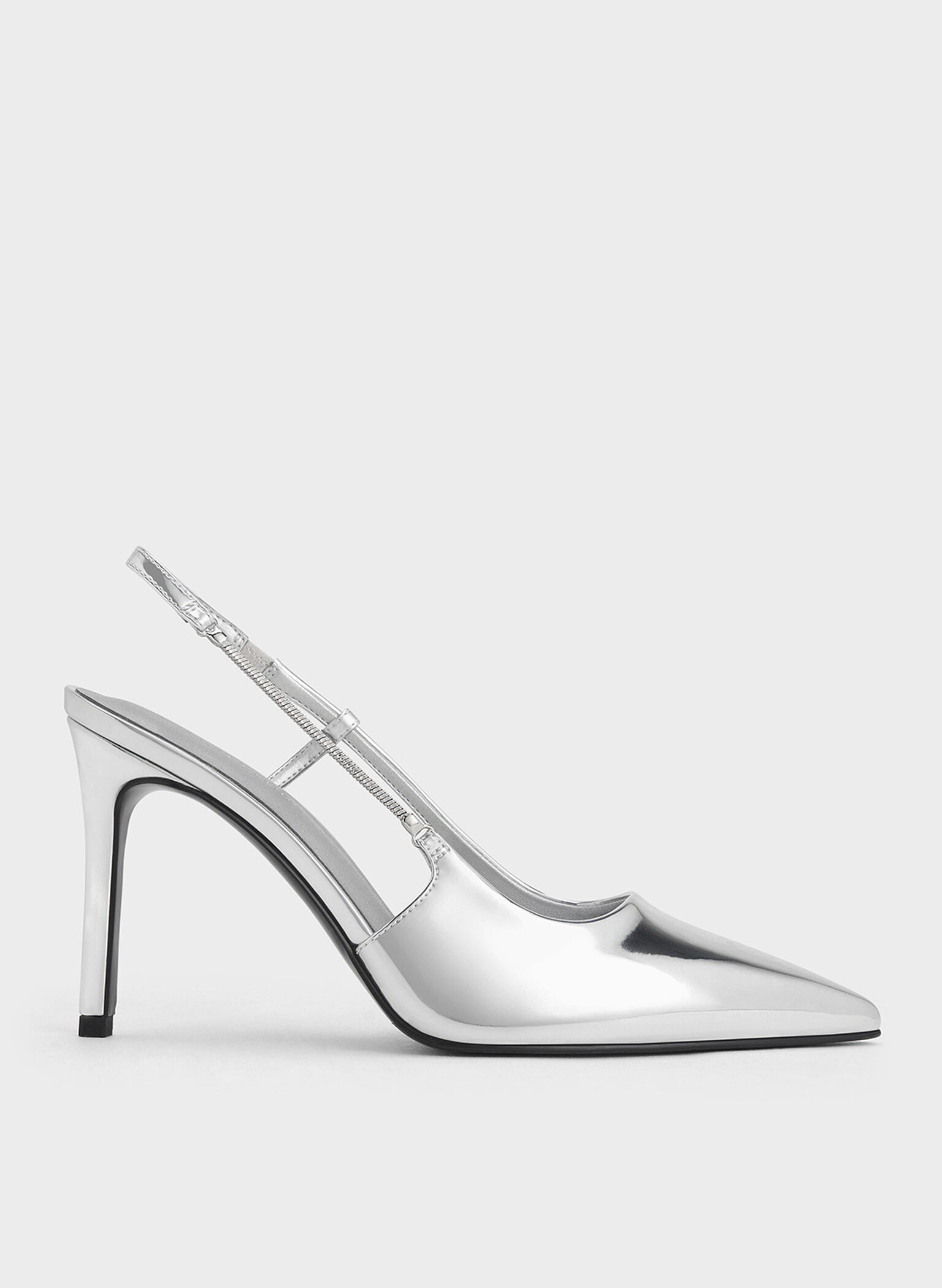 Metallic Chain-Strap Pointed-Toe Slingback Pumps, Silver, hi-res