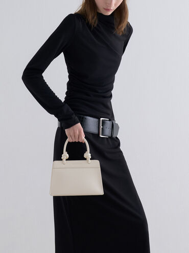 Bolso tote trapezoidal Sabine con asa anudada, Crema, hi-res