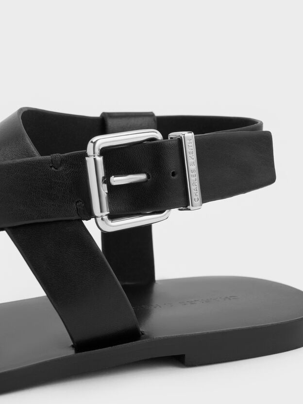 Asymmetric Slingback Thong Sandals, Black, hi-res