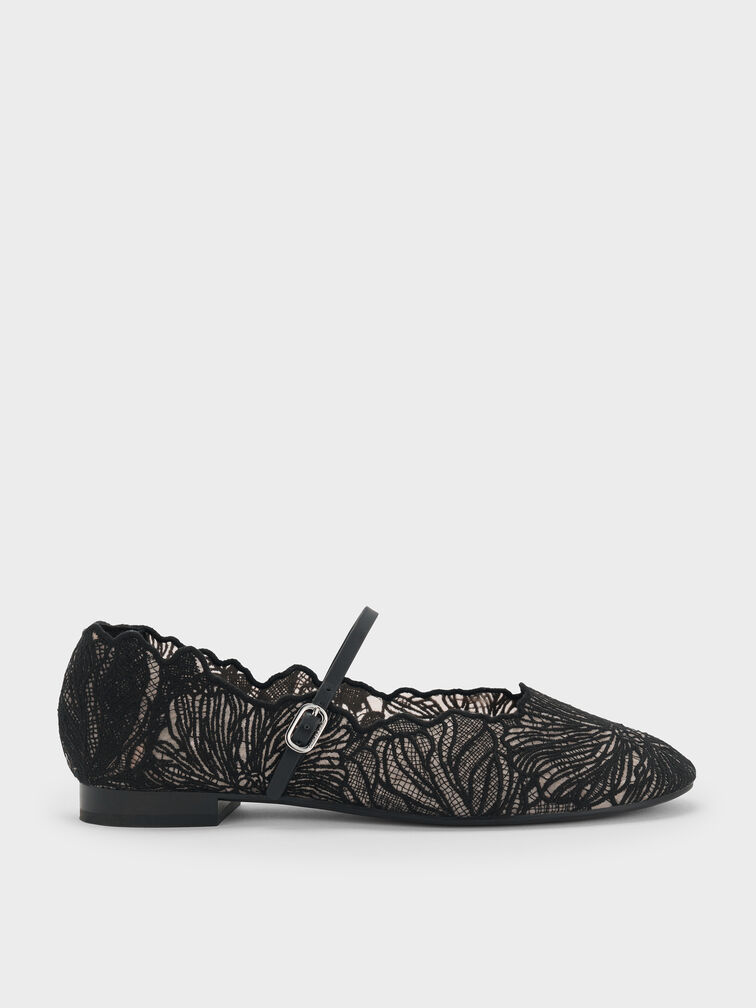 Crochet Floral Mary Jane Flats, Black Textured, hi-res